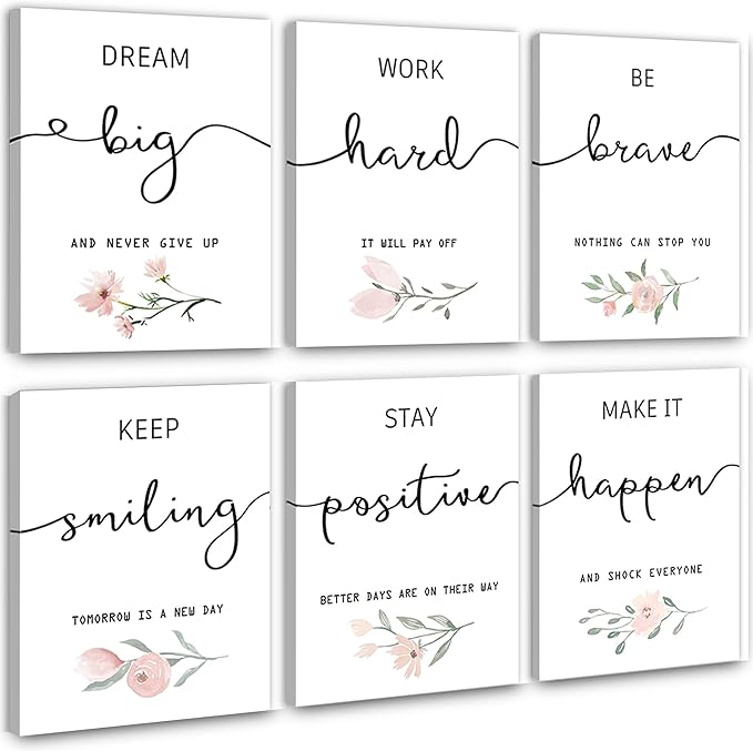 Inspirational Wall Art for Bedroom, Motivational Office Wall Art Decor, Framed Canvas Wall Art for Women, Girls, Positive Affirmations Quotes Prints, Set of 6PCS, 8"x10", FRAMED