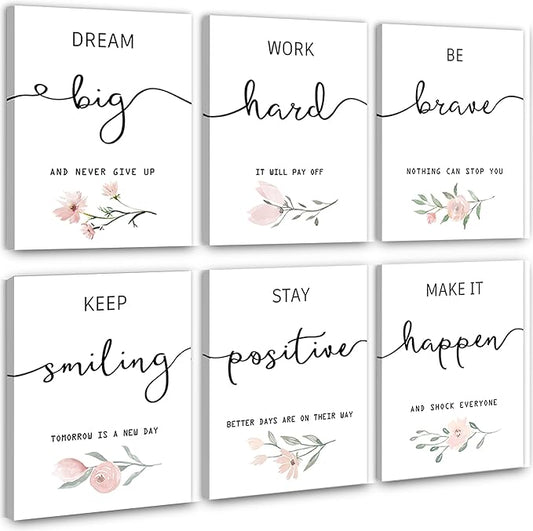 Inspirational Wall Art for Bedroom, Motivational Office Wall Art Decor, Framed Canvas Wall Art for Women, Girls, Positive Affirmations Quotes Prints, Set of 6PCS, 8"x10", FRAMED