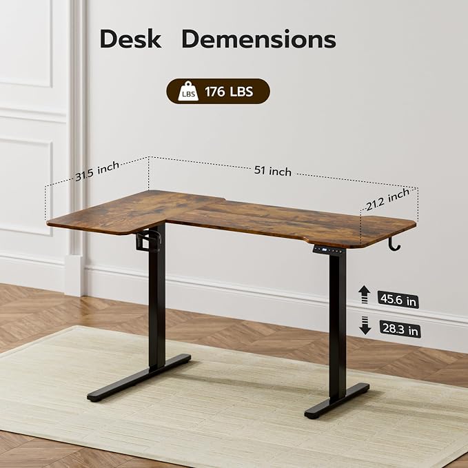 Acrolix L Shaped Electric Standing Desk - 51x31.5 Inch Reversible Corner Sit Stand Desk with Hook&Cup Holder,Electric Height Adjustable Table,for Small Home Office&Bedroom Computer Desk, Rustic Brown