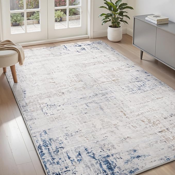 3 x 5 Rug Small Non Slip Area Rug Ultra Soft Machine Washable Low Pile Modern Abstract Area Rugs for Bedroom Living Room Entryway Kitchen Bedside, Blue/Grey