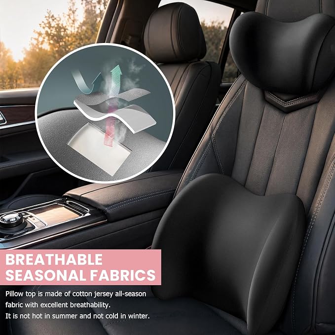 2 PCS Car Headrest & Lumbar Support Cushion, Ergonomic Memory Foam Lumbar Pillow Neck Rest Cushion, Breathable Back Pillow & Headrest Support for Driving Seat, Car Accessories (Black)