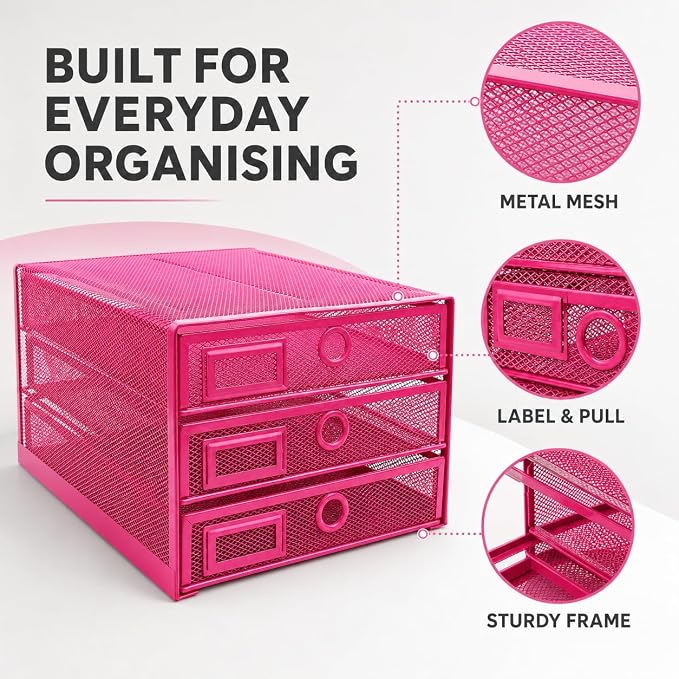 Exerz Paper Sorter 3 Drawer Wire Mesh A4 / Desk Multifunctional Desk Organiser/Multi-Layer Letter Tray - for Documents, Magazines, Notebooks and Letter (Pink)