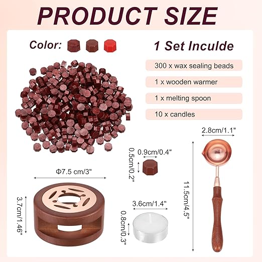PATIKIL Wax Seal Kit, 300 Pcs Wax Sealing Beads, Wooden Warmer, Melted Spoon, 10 Pcs Tealight Candles for Envelope Letter Mailing Crafts DIY, Brown Red/Burgundy/Red
