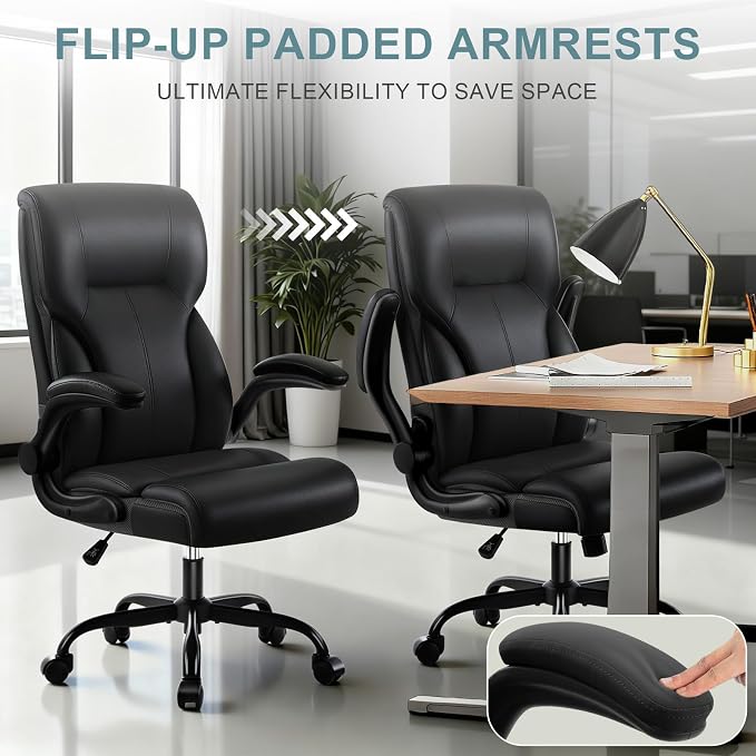 Executive Office Chair,High Back Ergonomic Comfy Desk Chair with Padded Flip-up Armrests and Wheels,PU Leather Heavy Duty Computer Swivel Rolling Task Chair for Home Office,Adults,Black