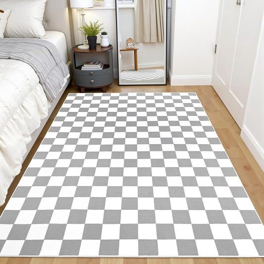 Terrug Grey and White Checkered Rug for Bedroom,3x5 Area Rugs Washable with Non Slip for Living Room,Soft Low Pile Stain Resistance Retro Carpet for Dorm Kids Room