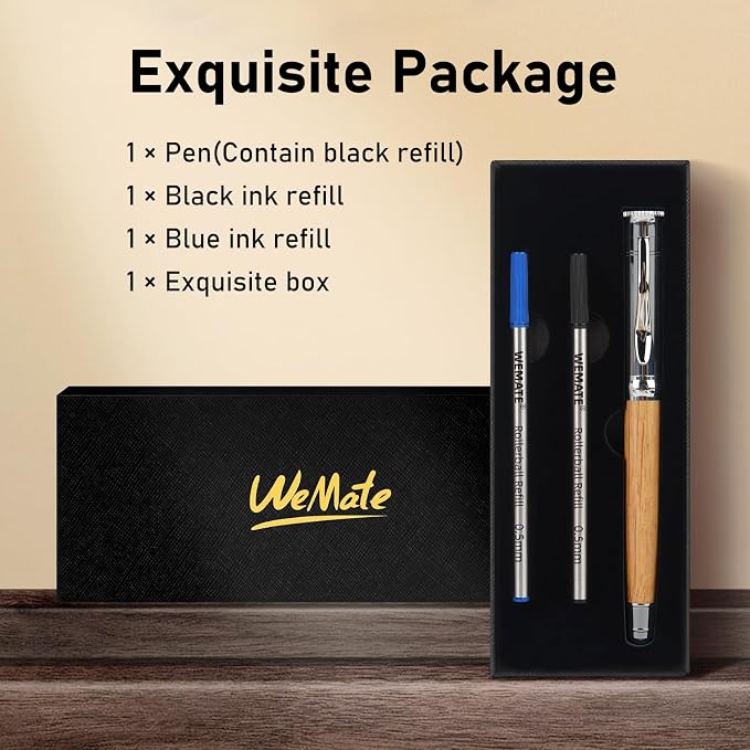 WEMATE Luxury Rollerball Pen Set, Extra 2 Ink Refills(1 Black & 1 Blue), Fancy Writing Pen Nice Office Gift for Men, Professional, Executive, Cool Wooden Pen for Journaling - White Oak