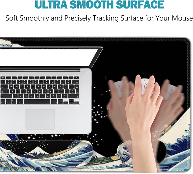 ToLuLu Extended Gaming Mouse Pad, Memory Foam Ergonomic Keyboard Mouse Wrist Rest Support Set, Large Desk Mat with Stitched Edges, Non-Slip Base Mousepad for Home Office Game Study, Wave of Kanagawa