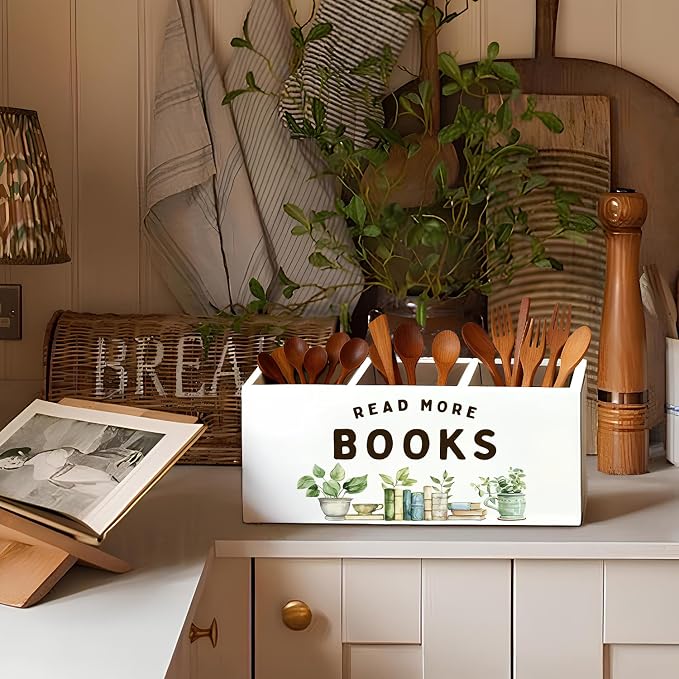 Book Lovers Gifts Pen Holder, Book Reader Gifts Pencil Holder for Desk, Read More Books Wooden Box Sign Decorations for Reading Room Corner Nook Classroom Desk Tabletop