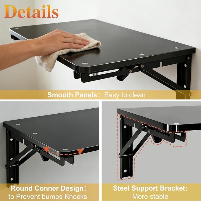 Folding Shelf Wall Mounted for Small Space, Black Wall Table for Living Room Bedroom Decor, Home Office Floating Fold Down Desk, Media Shelves with Heavy, 16.5"*11.8"