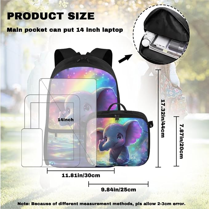 Doojoayie Elephant Backpack for School Kids Bookbag with Lunch Box 3D Animals Print Backpack for Girls Aesthetic Kindergarten Back to School Gifts Bags for Student Large Capacity Back Pack
