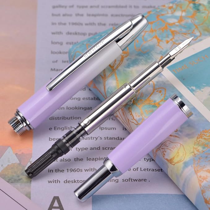 Jinhao 10 Press Fountain Pen with Box, Gradient Light Purple Retractable Fine Nib with Ink Converter Set (Silver Clip)