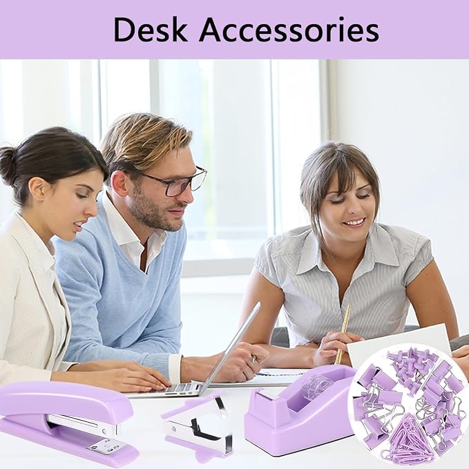 Office Supplies,Purple Desk Accessories,Office Supplies Set,Stapler and Tape Dispenser Set,Scissors,Staple Remover,Binder Clips,Staples,Ballpoint Pen,Index Tabs with Ruler,Clear Tape.9pcs for Office