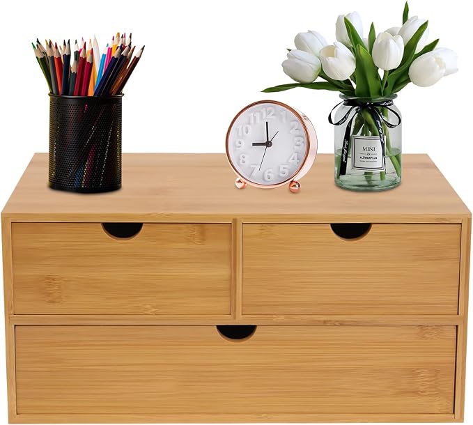 Desk Organizer, 12*7.48*7.87inch Bamboo Desk Organizer Tabletop Storage Organization Box Mini Tabletop Storage Box Countertop Drawers with Baffles for Cosmetics Collections (12.99*7.48*6.3inch)
