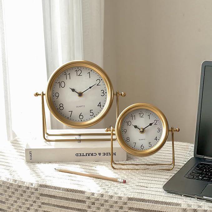 EMAX HOME Small Gold Desk and Shelf Clock, 6.9*5.9 Inch Retro Elegant Tabletop Clock with Glass Cover, Silent Non-Ticking Battery Operated Decorative Clock for Living Room, Office, Bedroom, Gift Idea