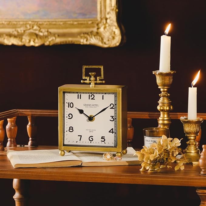 NIKKY HOME Small Gold Table Clock, Silent Classic Decorative Desk Clocks | Non-Ticking Battery Operated Vintage Metal Square Shelf Clock, Antique Decor for Living Room, Bathroom, Office, Mantel