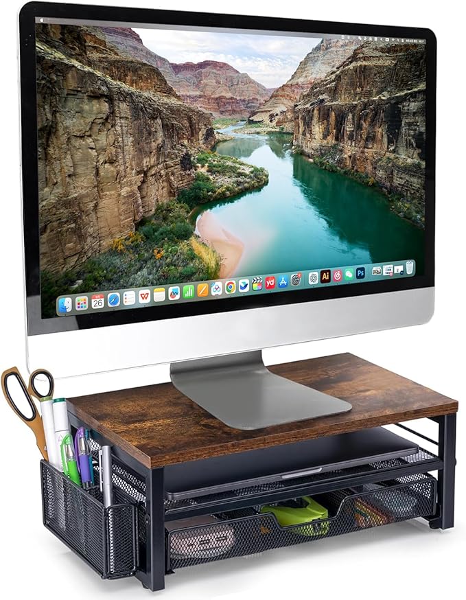 ARCOBIS Monitor Riser with Drawers and Pen Holders | Wood & Mesh Metal Computer Monitor Stand with Storage for Desk, Rustic Brown