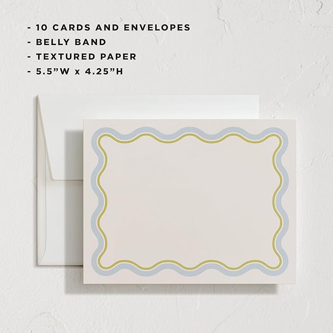 Minted Squiggled Stationery Set, Set of 10, Flat Note Cards & Envelopes for Invitiations and Handwritten Thank You Messages, Pale Blue & Chartreuse Border, Gifts for Men and Women, Luxurious Paper