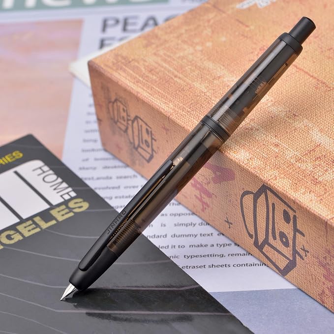 Jinhao 20 Press Fountain Pen, Transparent Black Retractable Medium Nib with Ink Converter Set (Black Clip)