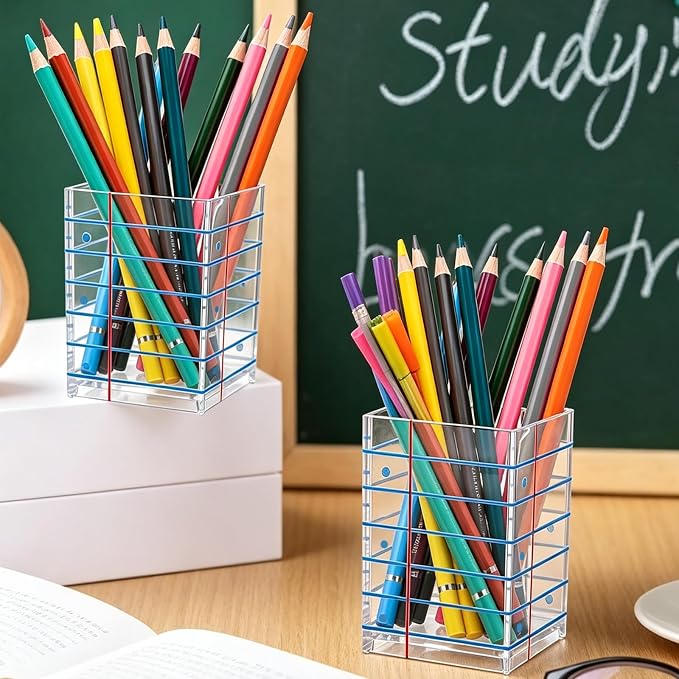 2Pcs Back to School Clear Acrylic Pen Holder with Blue Line, Pencil Holder for Desk Makeup Brush Holder for Teacher Students Home Office Classroom, 2.6x 2.6x 4 inches