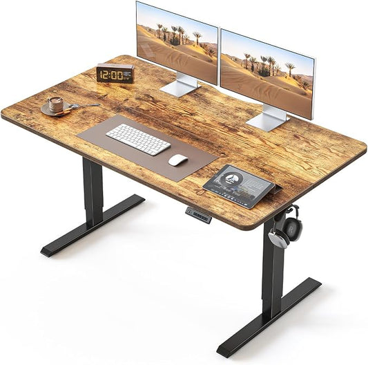 BANTI 55 × 28 Inches Standing Desk, Ergonomic, Electric Height Adjustable, Sit and Stand Up, Computer Desk with a Deeper Desktop, Black Frame/Rustic Brown Top