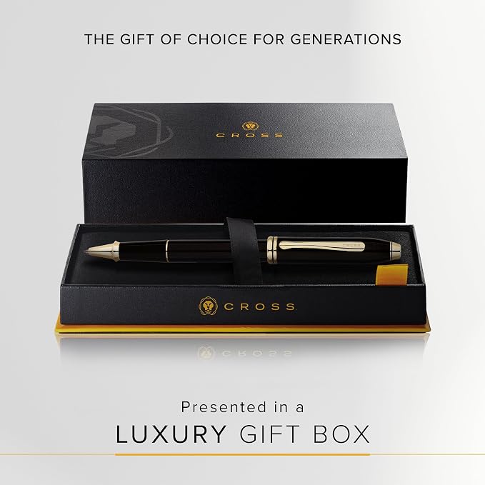 Cross Townsend Classic Black Lacquer Rollerball Pen, Black Ink - Elegant Pen, Black Ink for Effortless Writing - Consistent, Smooth Writing - Large Nib - Reliable & Long-Lasting - Includes Gift Box