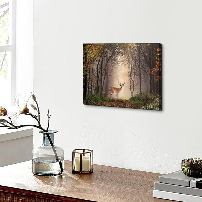 Wild Animal Landscape Canvas Wall Art Deer in Autumn Foggy Forest Picture Wall Decor Elk Wildlife Scenery Photo Prints Painting Decoration for Modern Living Room Bedroom Bathroom Home Art 12x16 Inch