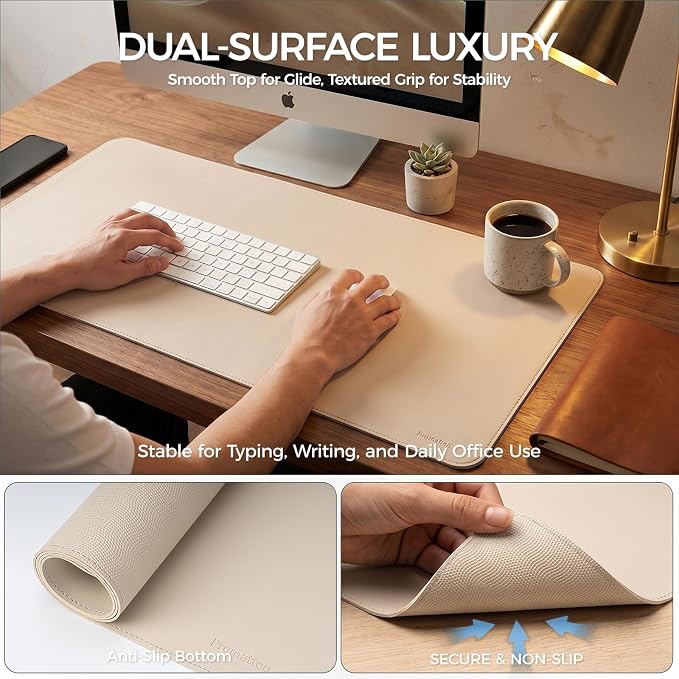 Large Desk Pad Non-Slip Desk Mat Protector for Keyboard Mouse Waterproof Vegan Leather Surface Faux Leather Laptop Mat Smooth Mouse Pad Premium Gift Tube Warm Beige 55" x 23"