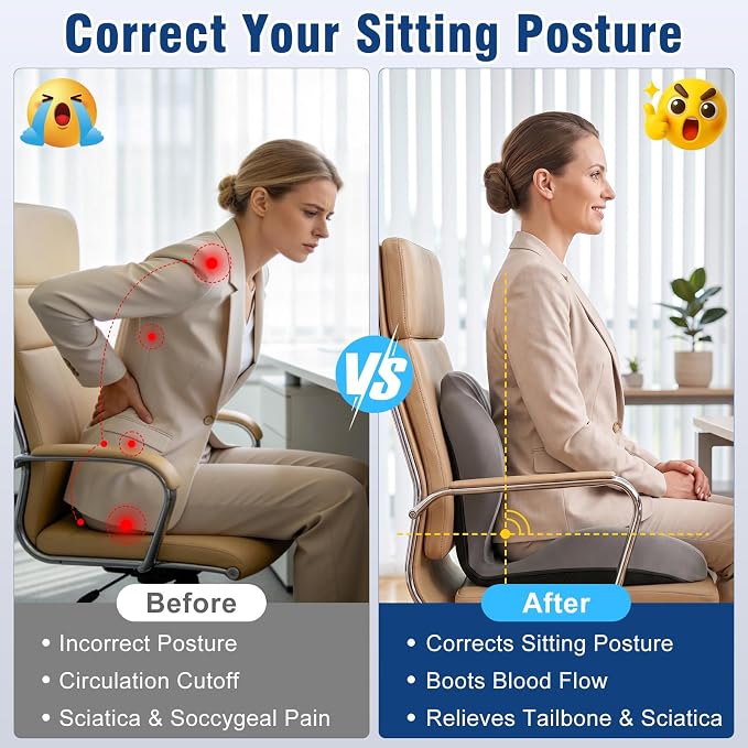 Car Seat Cushion with Lumbar Support Pillow, Memory Foam Office Chair Cushion for Back Pain Sciatica Pain Relief, Ergonomic L-Shaped Seat Cushion for Car Truck Driving Office Chair Home (Gray)