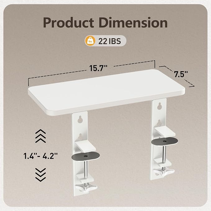 3 in 1 Clamp-on Desk Extender Shelf, 15.7×7.5 Inch, White | Adjustable Desk Riser for Monitor & Keyboard, Heavy-Duty Side/Top Desk Organizer Shelf, Desktop Storage for Office Supplies