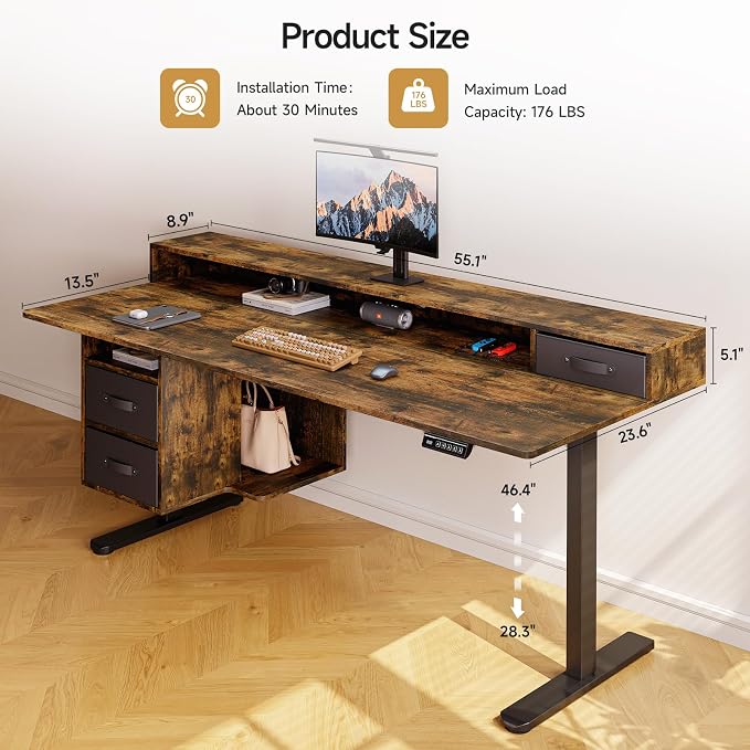 ONBRILL Standing Desk with Drawers, 55x24 Inch Electric Stand Up Desk with 3 Drawers and Open Storage Shelf, Adjustable Height 28-46 Inches for Home and Computer Workstation, Rustic Brown