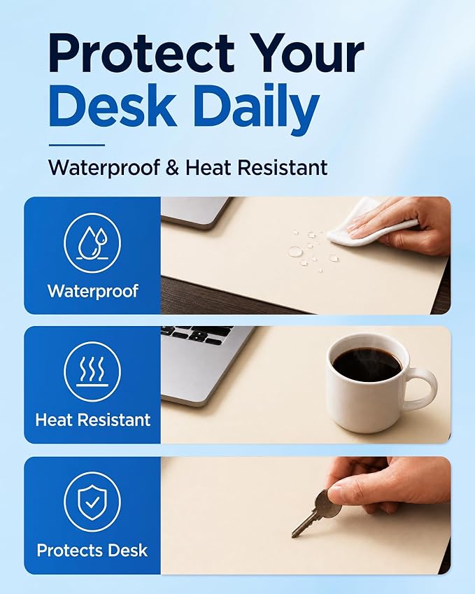 Aothia Dual-Sided Desk Mat - Natural Cork & Leather Desk Protector, Large Mouse Pad, Waterproof Blotter, Writing Pad for Office/Home, Beige (25.6"x13.7")