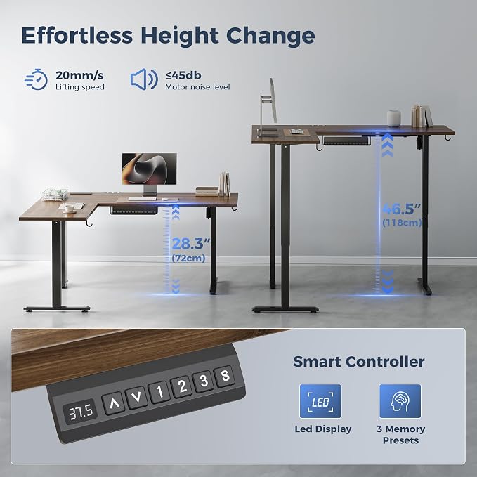 Klicelor L Shaped Standing Desk 63 x 55 Inch,Electric Height Adjustable Corner Desk with Cable Management & Power Outlets, Ergonomic Sit Stand Up Computer Table for Home Office,Dark Walnut