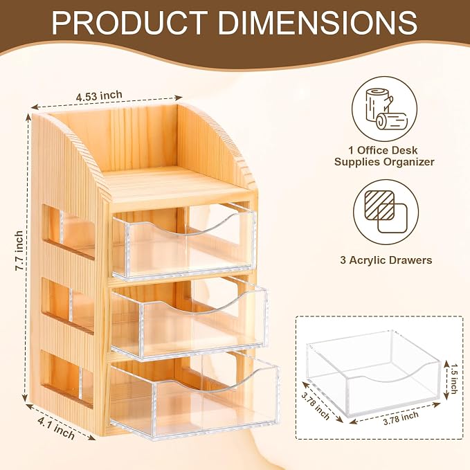 3 Drawer Desktop Accessory Storage Acrylic Sticky Note Holder with Drawers Clear Post it Note Holder Wood Paper Clip Organizer Push Pin Holder Desk Organizer Small Space 4.53"L x 4.1"W x 7.7"H
