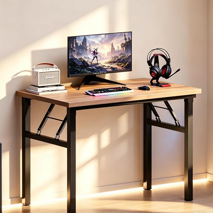 sogesfurniture Small Foldable Computer Desk 39.4 inches, No Assembly Collapsible Table Folding Laptop Workstation for Home Office, Modern Portable Writing Gaming Desk for Small Spaces, Teak Black