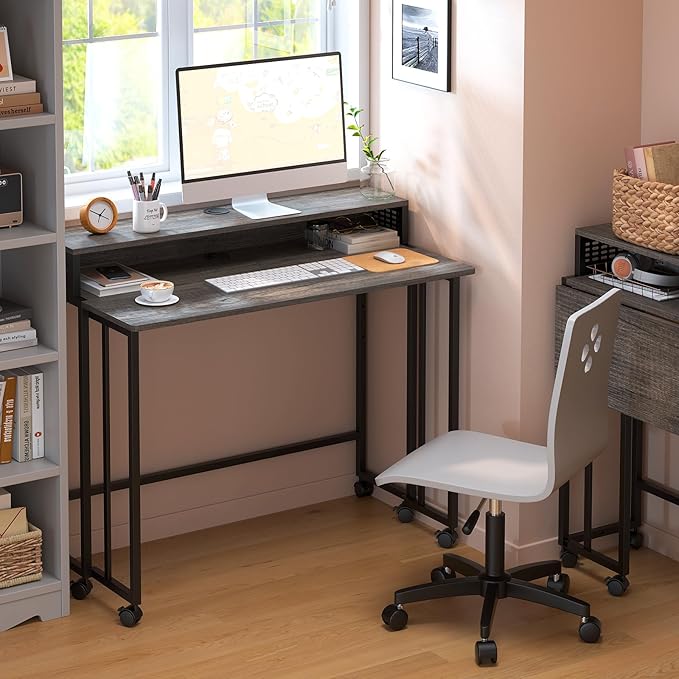 Gezen Folding Desk With Storage Shelf, Small Rolling With Wheels, Mobile Couch Sofa Side Table Bed for Home Office Small Space, Dark Grey, 39.4"