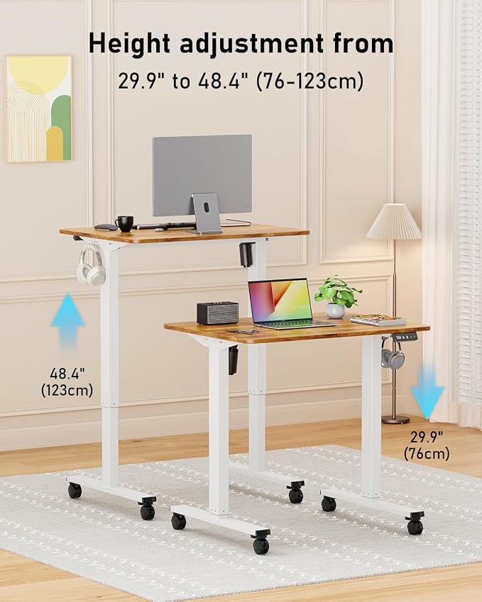 32" Small Rolling Electric Standing Desk Adjustable Height for Home Office | Mobile Sit Stand up Desk with Lockable Casters for Computer Workstation, Memory Preset, 2 Hooks, White Frame/LightBrown Top