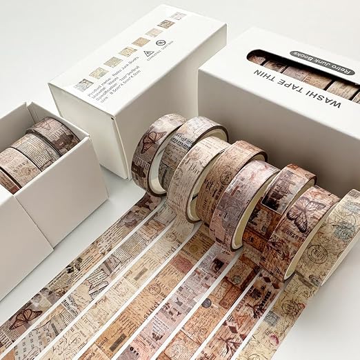 Vintage Washi Tape Set 8 Rolls Thin Retro Decorative Antique Patterns Masking Tapes for Arts, DIY Crafts, Journals, Planners, Scrapbook, Wrapping (Junk Books)