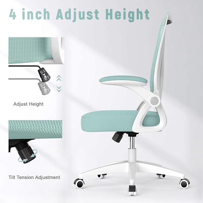 naspaluro Home Office Desk Chair Mid Back with Adjustable Height Green | Comfy Ergonomic Chair with Flip-Up Arm and Lumbar Support, Breathable Mesh Swivel Computer Chair for Study Working Teacher
