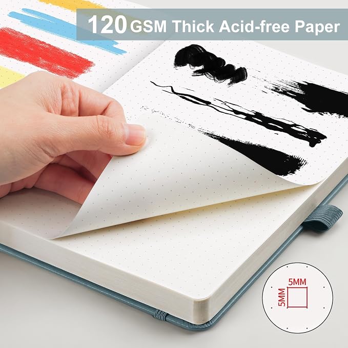 AHGXG Dotted Journal - Dot Grid Notebook Journal, 120 GSM Thick Acid-Free Paper, A5 Dotted Notebook 160 Pages, Leather Hardcover, Inner Pocket, Journal Stencil, 5.7'' × 8.3'', Gray Blue