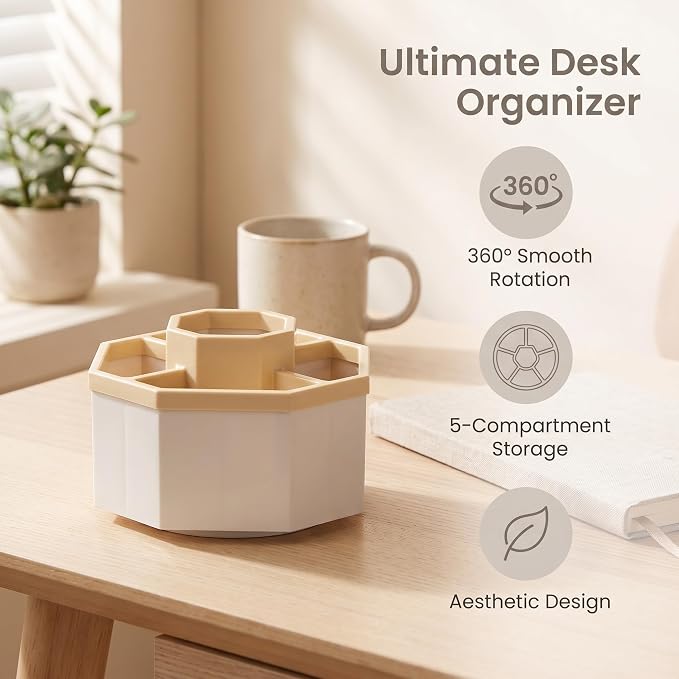Jekelife 360 Degree Rotating Pen Holder,5-Compartment Desk Organizer,Beige | Five divided compartments and a smooth rotating base keep pens, pencils, markers, scissors and art supplies within reach.