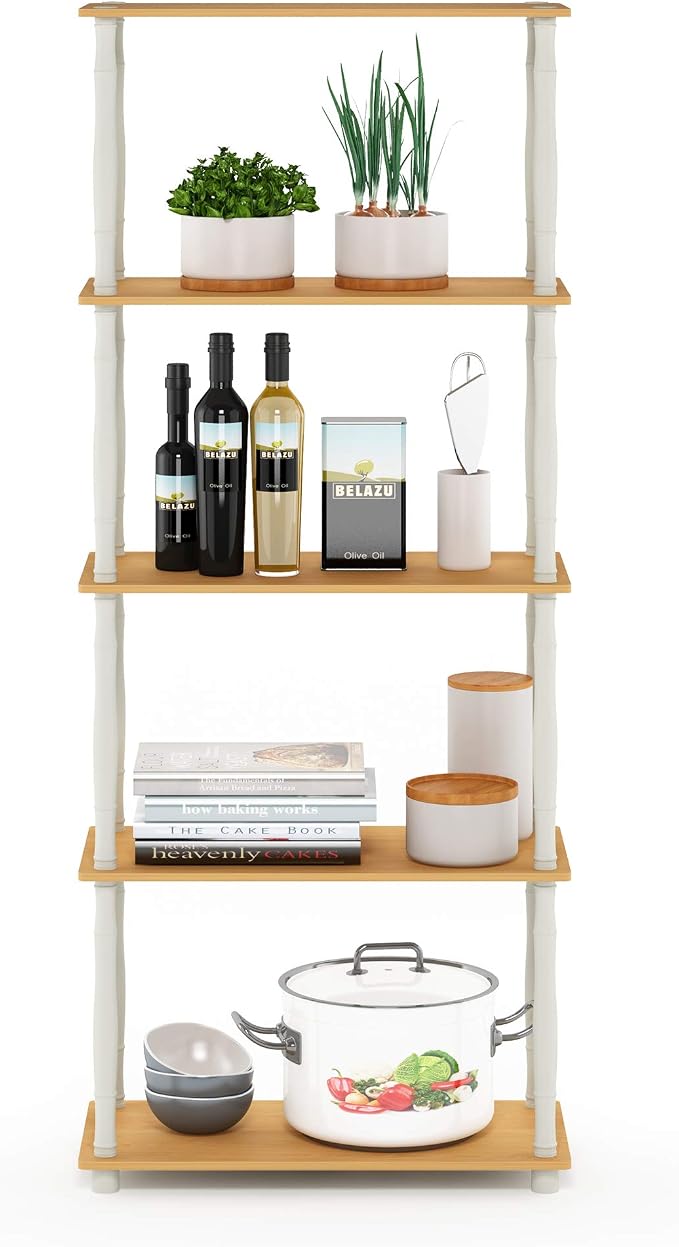 Furinno TURN-S-TUBE Storage Shelves, 5-Tier Book Shelf, Corner Shelf, Toolless Open Shelves, Classic Tubes, for Organization and Storage, Living Room, Garage, Home Office, Beech