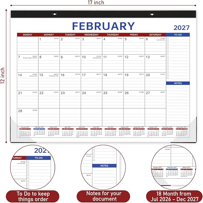 Desk Calendar 2026-2027 - 2026-2027 Desk Calendar, Jul 2026 - Dec 2027, 18 Months Calendar 2026-2027, 17" x 12", Desk Pad, Large Ruled Blocks, To-Do List & Notes, Desk/Wall Calendar for Planning or Organizing