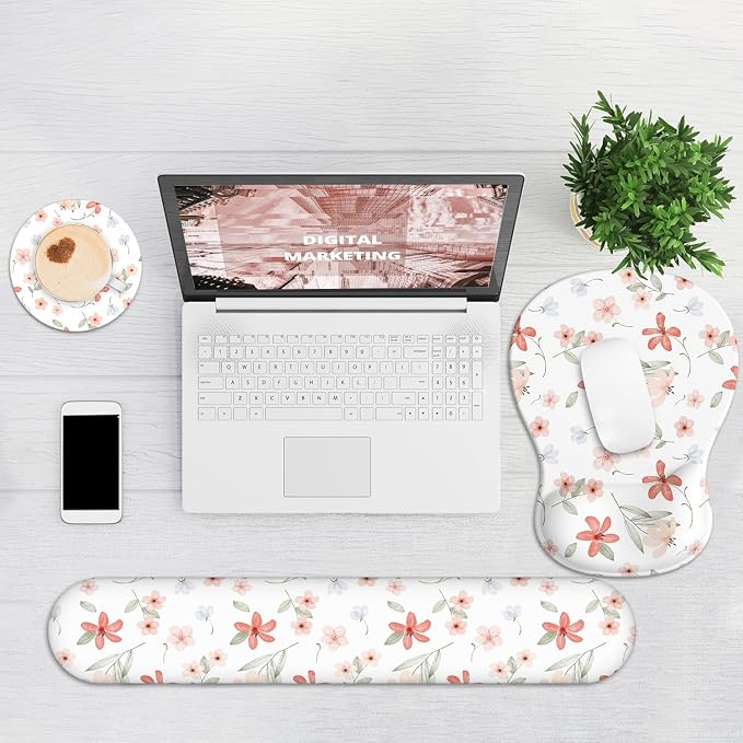 Ergonomic Mouse Pad with Wrist Rest and Keyboard Wrist Rest, Gel Mousepad and Wrist Rest for Computer Keyboard, Pain Relief, Non-Slip PU Base, Mouse Pad with Wrist Support for Gaming, Orange Flowers