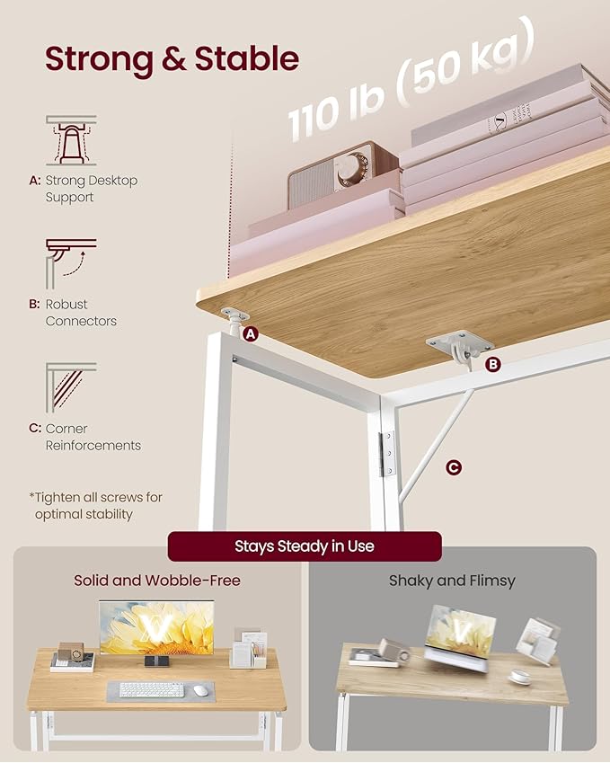 VASAGLE Folding Desk, Foldable Computer Desk, One-Piece Desktop, Rounded Edges, Small Folding Craft Table for Bedroom, Balcony, Camping, Easy Assembly, 39.4 x 19.7 Inches, Straw Yellow ULWD152YD01