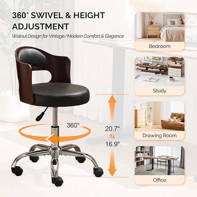 VINGLI Armless Home Office Desk Chair, Adjustable Swivel Chair,Dual-Use with/no Wheels,Small Retro Designed Walnut Curved Task Chair,Cushioned Nail Tech Chair for Study Area,Workspace,PU,Black