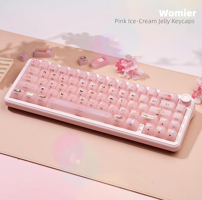 Womier Pink Jelly Keycaps, Ceramic Keycaps Style Clear Keycap, Ice-Cream Cute Transparent Shine Through Custom 60 65 75 100 Percent for Cherry MX,Gateron Mechanical Keyboards, MDA Profile-Pink