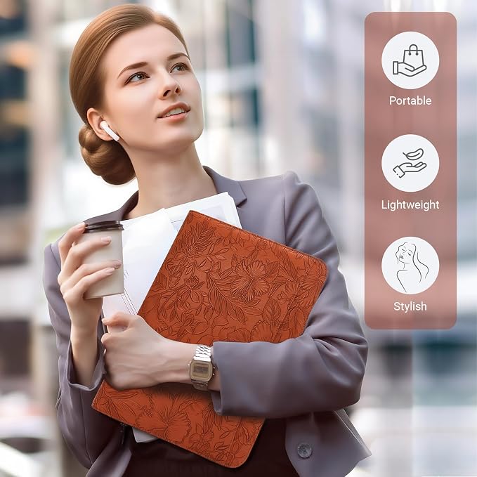 Embossed Faux Leather Zippered Padfolio with 3 Ring Binder, Executive Portfolio Organizer Binder for Women, Fits 13.9" Laptop/Tablet, Refillable Writing Pad Pocket, Brown