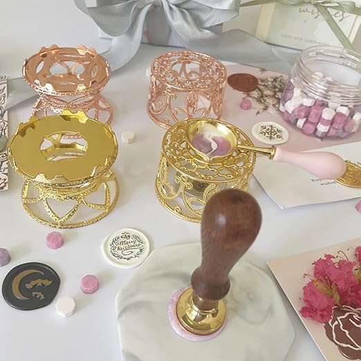 Metal Wax Seal Warmer Kit with Spoon and Stirring Stick, for Wedding Wax Envelope Seal Stamp (Golden Bird's Nest Stove)