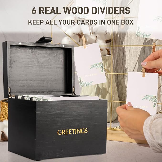 Large Bamboo Greeting Card Organizer Box with 6 Removable Dividers, Real Leather Handle, 100% Handmade Solid Bamboo, Storage Box for Christmas, Valentine, & Birthday Cards, Postcards, Stationery& More