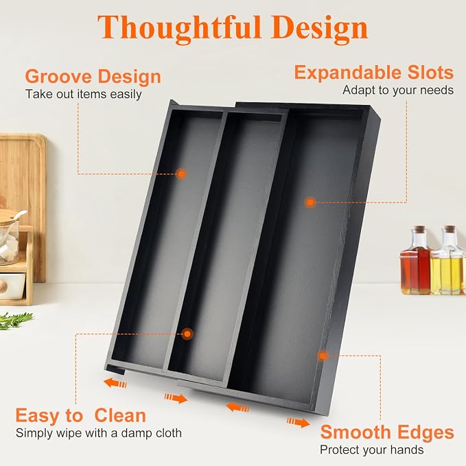 Expandable Black Bamboo Kitchen Utensils Drawer Organizer Silverware Tray | Large Cooking Utensil Tray Drawer Divider Insert Big Spatula Cutlery Holder Knife Spoon Flatware Wood Kitchen Tool Organizer